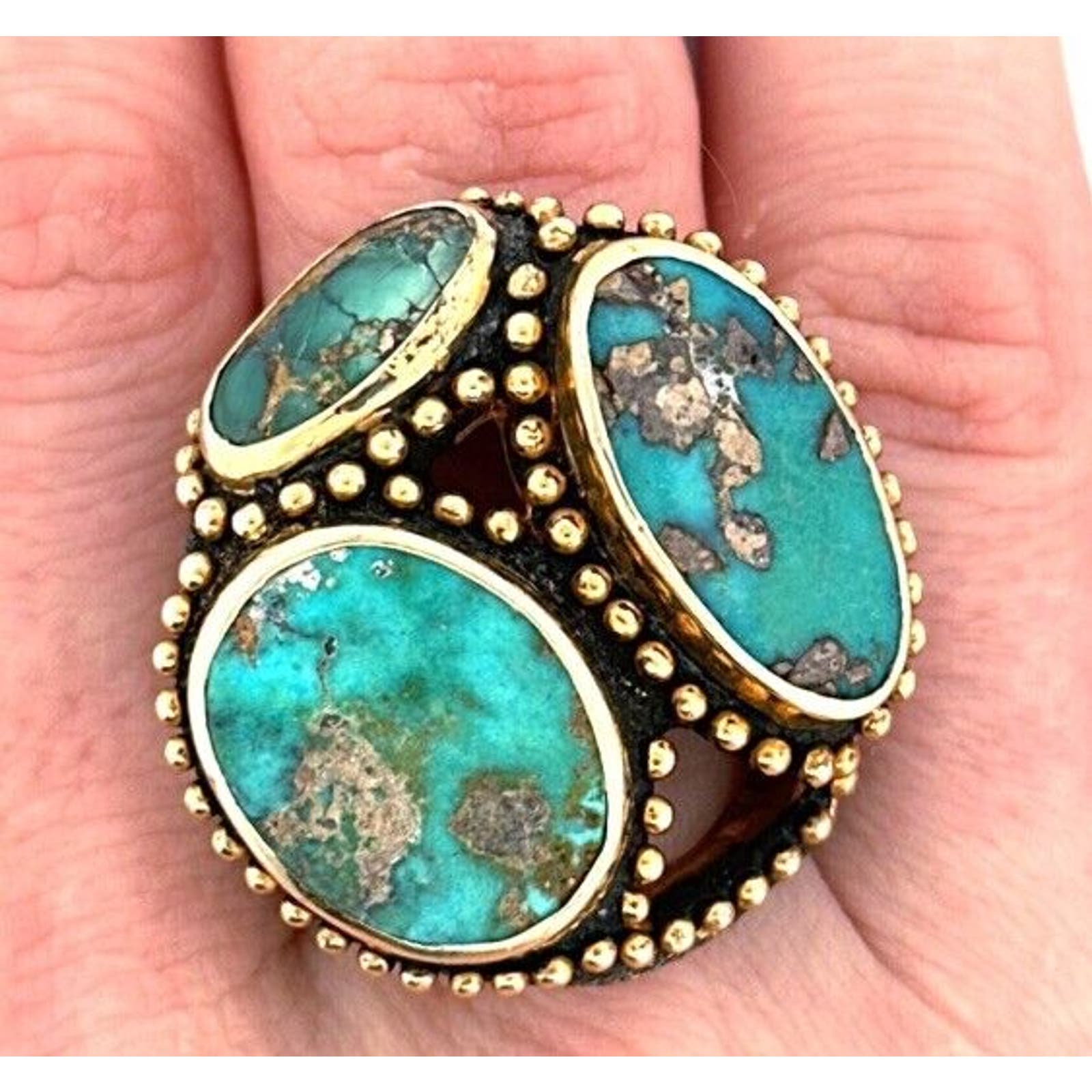 Vintage One Of A Kind Design Persian Turquoise Vermeil 3 Stone Statement Ring